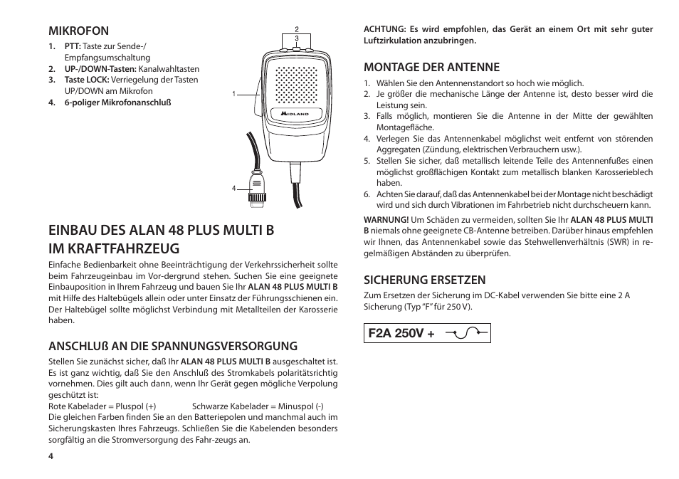 Einbau des alan 48 plus multi b im kraftfahrzeug, Mikrofon, Anschluß an die spannungsversorgung | Montage der antenne, Sicherung ersetzen, F2a 250v | MIDLAND Alan 48 Plus Multi B User Manual | Page 18 / 56