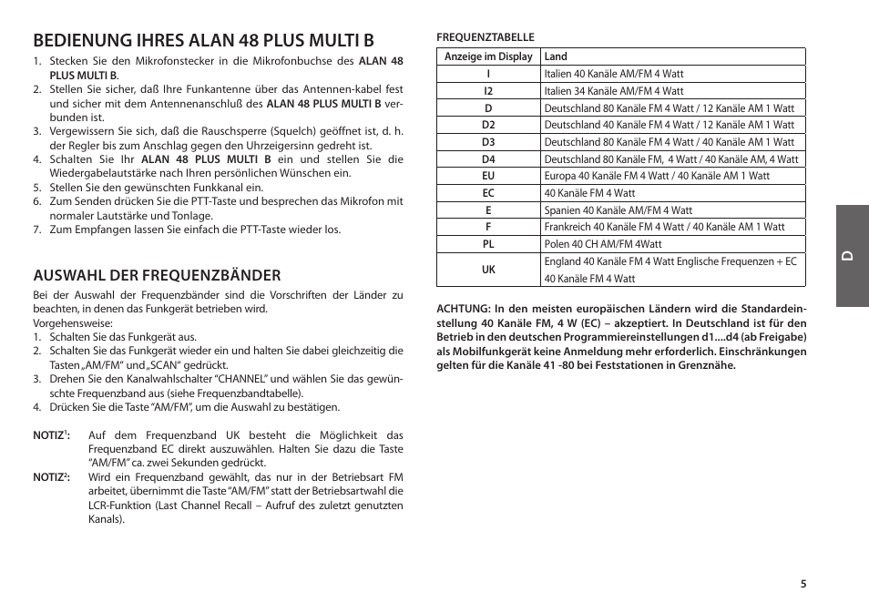 Bedienung ihres alan 48 plus multi b, Auswahl der frequenzbänder | MIDLAND Alan 48 Plus Multi B User Manual | Page 19 / 56