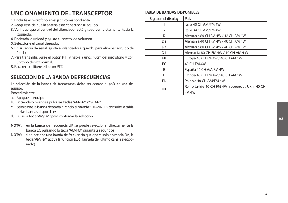 Uncionamiento del transceptor, Selección de la banda de frecuencias | MIDLAND Alan 48 Plus Multi B User Manual | Page 25 / 56