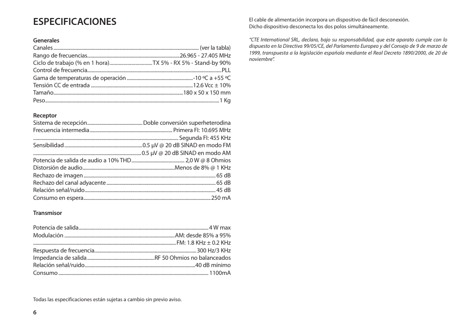 Especificaciones | MIDLAND Alan 48 Plus Multi B User Manual | Page 26 / 56