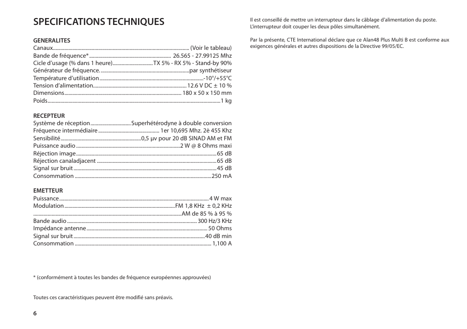 Specifications techniques | MIDLAND Alan 48 Plus Multi B User Manual | Page 32 / 56