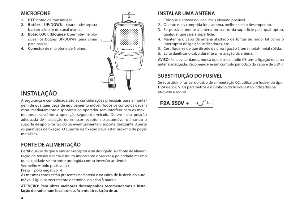 Instalação, Microfone, Fonte de alimentação | Instalar uma antena, Substituição do fusível, F2a 250v | MIDLAND Alan 48 Plus Multi B User Manual | Page 36 / 56