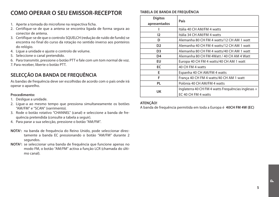 Como operar o seu emissor-receptor, Selecção da banda de frequência | MIDLAND Alan 48 Plus Multi B User Manual | Page 37 / 56