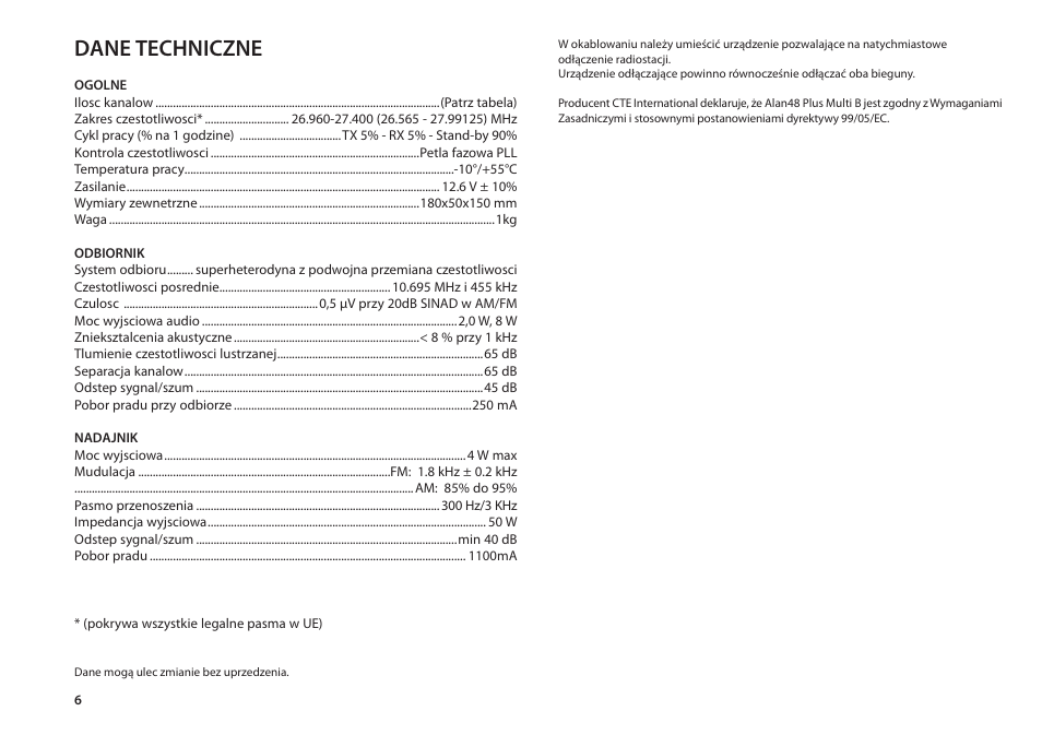 Dane techniczne | MIDLAND Alan 48 Plus Multi B User Manual | Page 50 / 56
