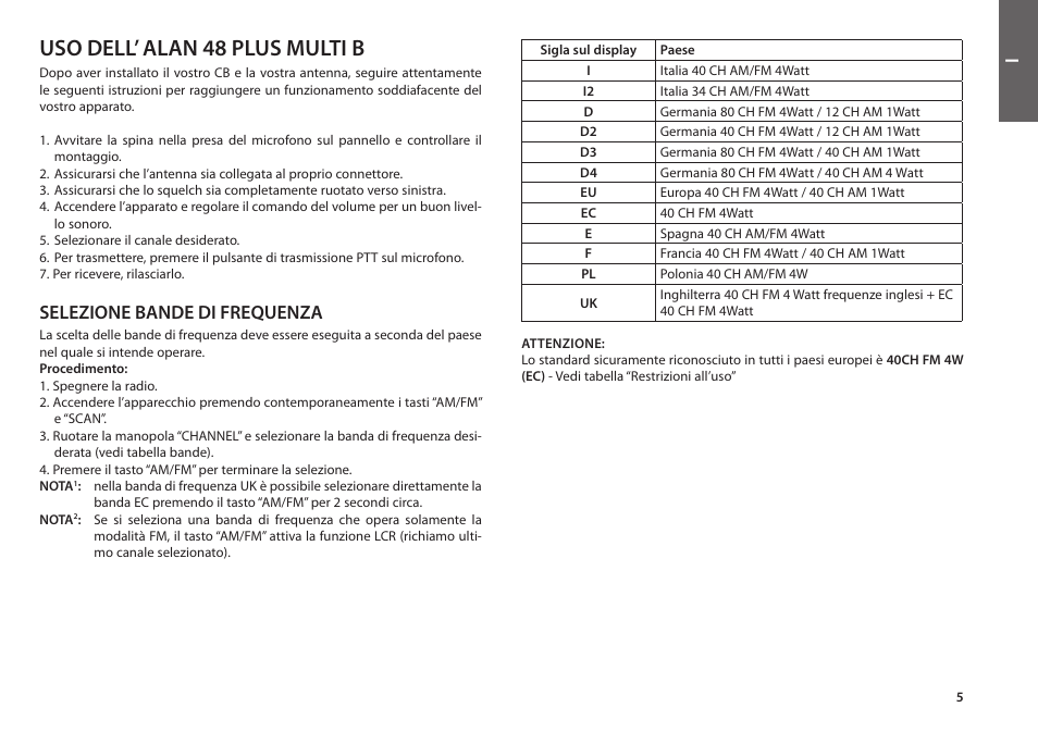 Uso dell’ alan 48 plus multi b, Selezione bande di frequenza | MIDLAND Alan 48 Plus Multi B User Manual | Page 7 / 56
