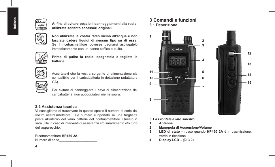 3 comandi e funzioni | MIDLAND Alan HP 450 2A User Manual | Page 7 / 142