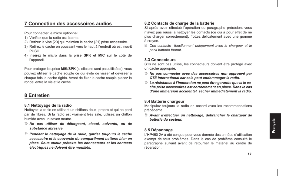 7 connection des accessoires audios, 8 entretien | MIDLAND Alan HP 450 2A User Manual | Page 91 / 142