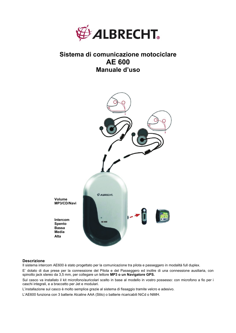 Ae 600, Sistema di comunicazione motociclare, Manuale d’uso | MIDLAND Albrecht AE600 User Manual | Page 10 / 12