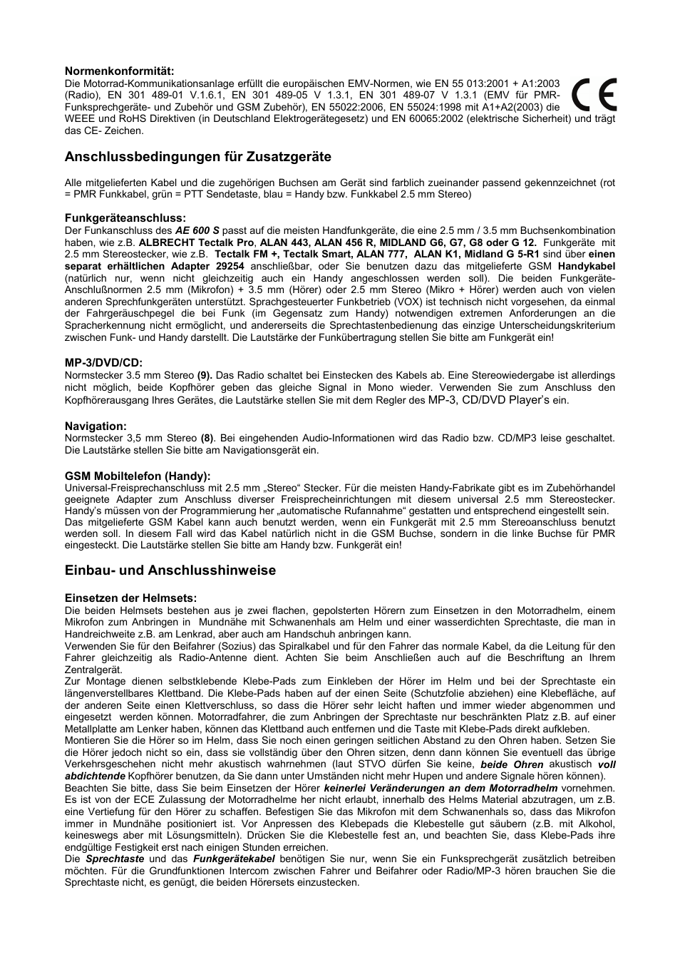 Anschlussbedingungen für zusatzgeräte, Einbau- und anschlusshinweise | MIDLAND Albrecht AE600S User Manual | Page 2 / 16