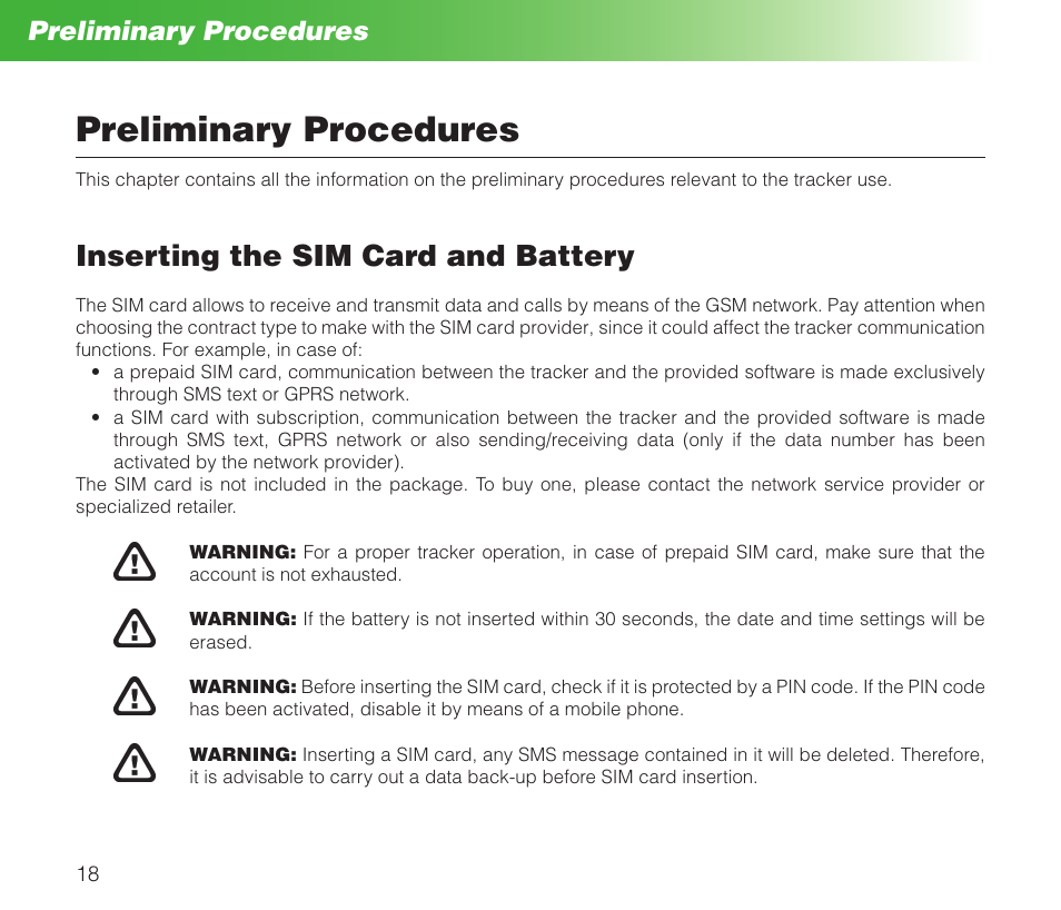 Inserting the sim card and battery, Preliminary procedures | MIDLAND Geopoint Box SMS User Manual | Page 19 / 55