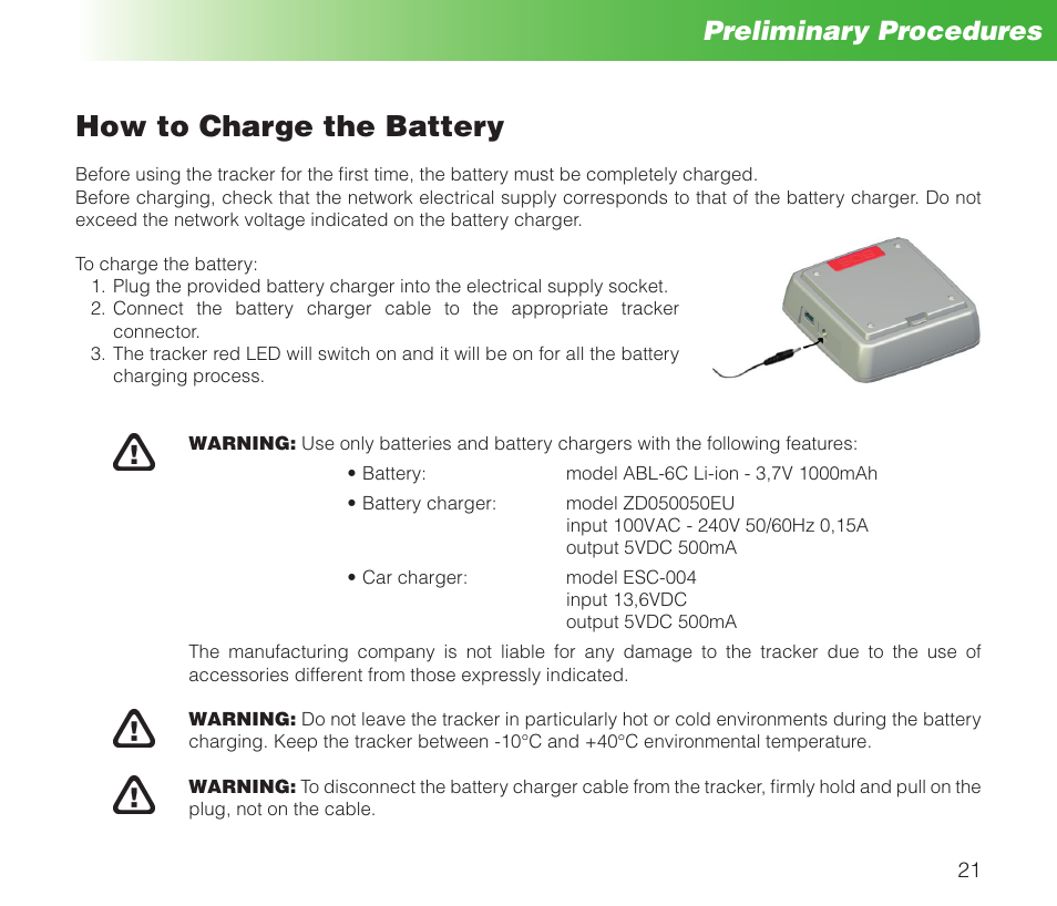 How to charge the battery, Preliminary procedures | MIDLAND Geopoint Box SMS User Manual | Page 22 / 55