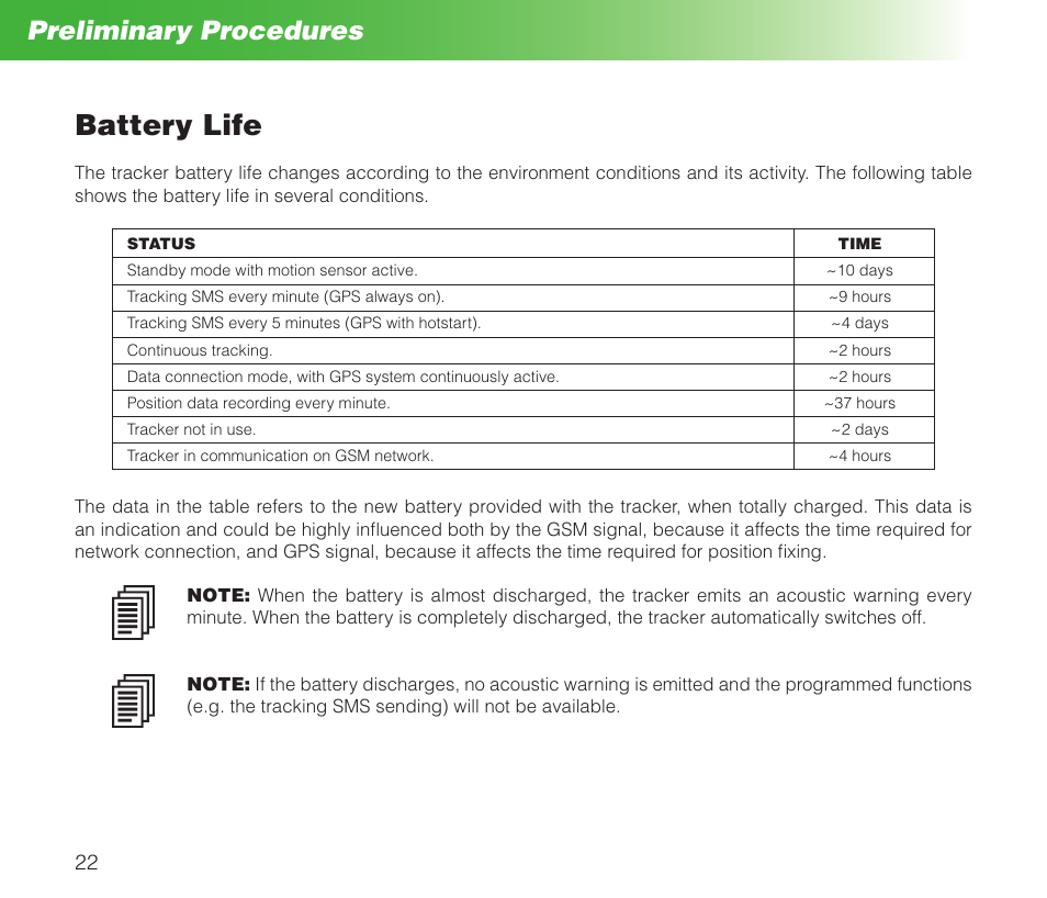 Battery life, Preliminary procedures | MIDLAND Geopoint Box SMS User Manual | Page 23 / 55