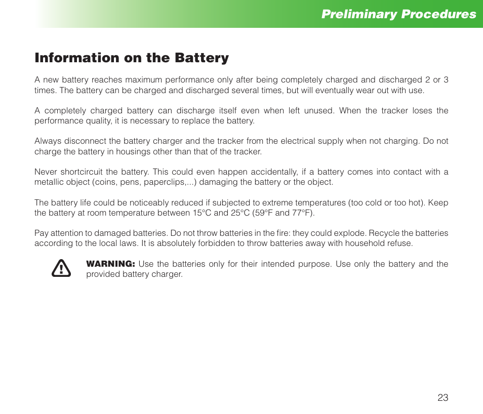 Information on the battery, Preliminary procedures | MIDLAND Geopoint Box SMS User Manual | Page 24 / 55