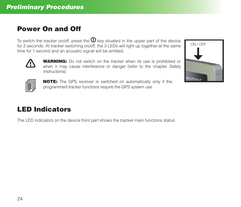 Power on and off, Led indicators, Preliminary procedures | MIDLAND Geopoint Box SMS User Manual | Page 25 / 55