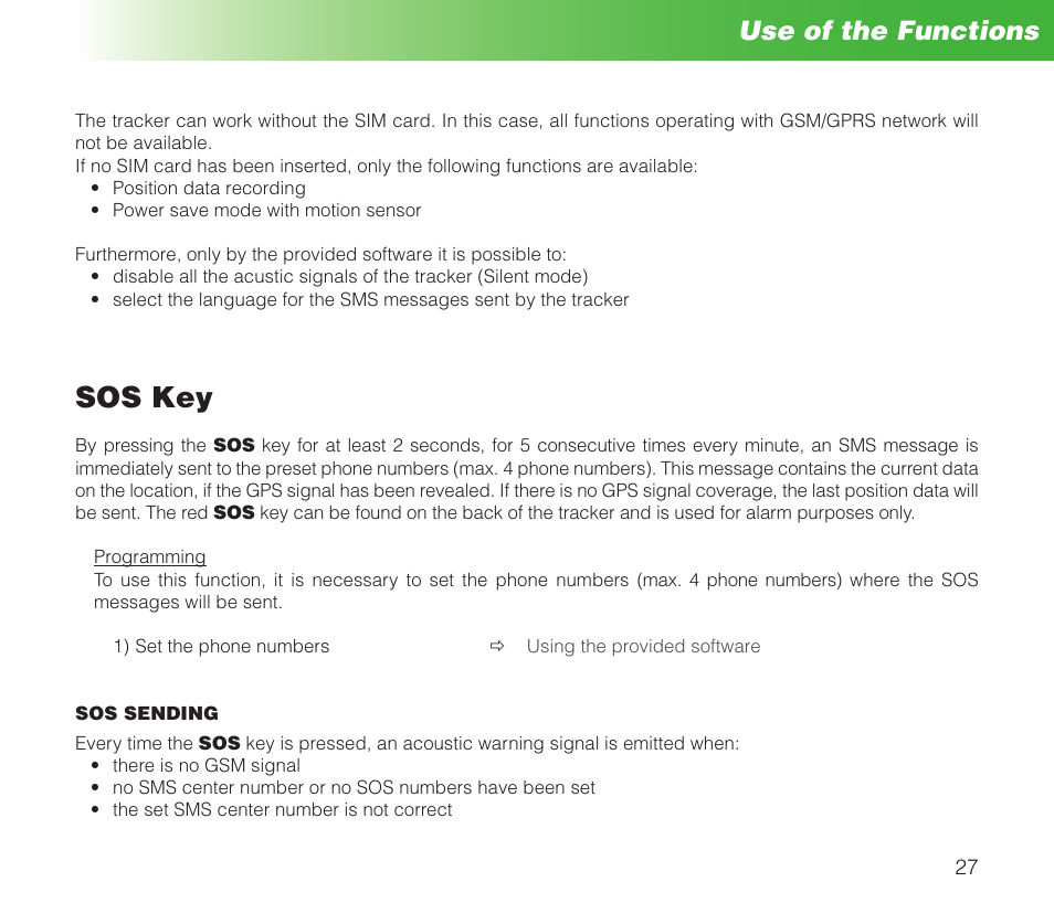 Sos key, Use of the functions | MIDLAND Geopoint Box SMS User Manual | Page 28 / 55