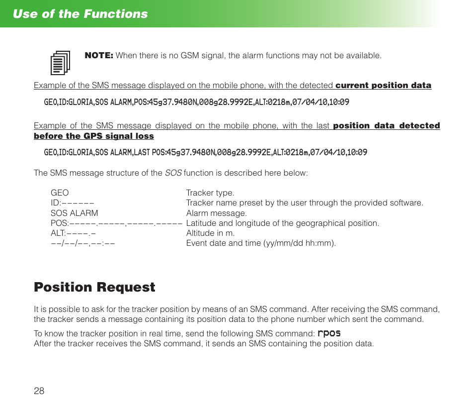 Position request, Use of the functions, Rpos | MIDLAND Geopoint Box SMS User Manual | Page 29 / 55