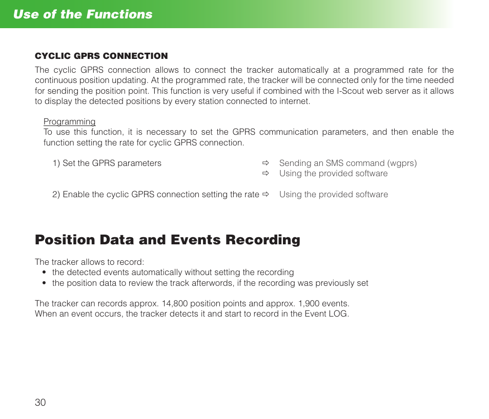 Position data and events recording, Use of the functions | MIDLAND Geopoint Box SMS User Manual | Page 31 / 55