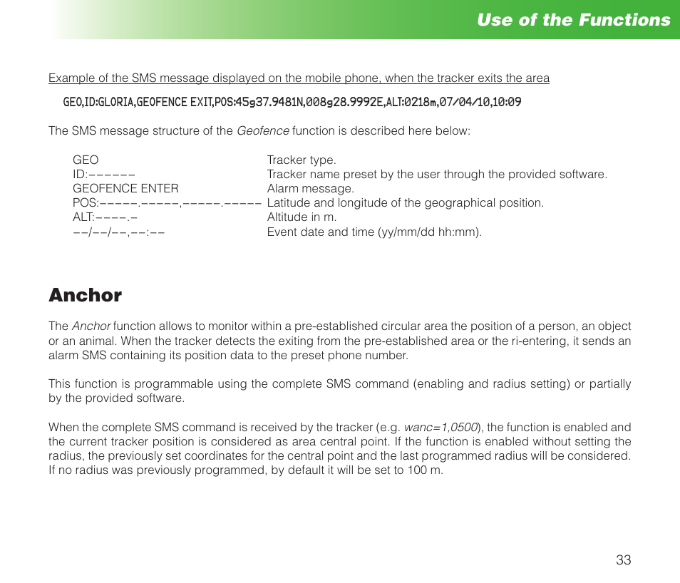 Anchor, Use of the functions | MIDLAND Geopoint Box SMS User Manual | Page 34 / 55