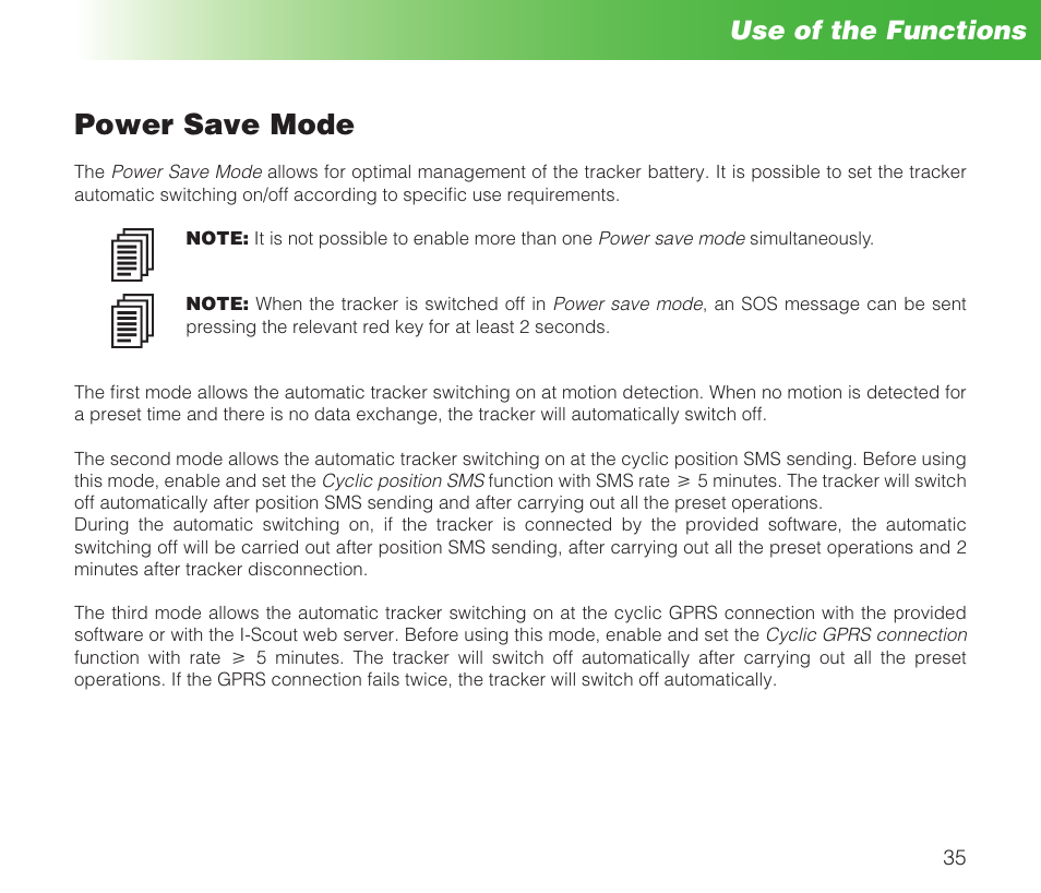 Power save mode, Use of the functions | MIDLAND Geopoint Box SMS User Manual | Page 36 / 55