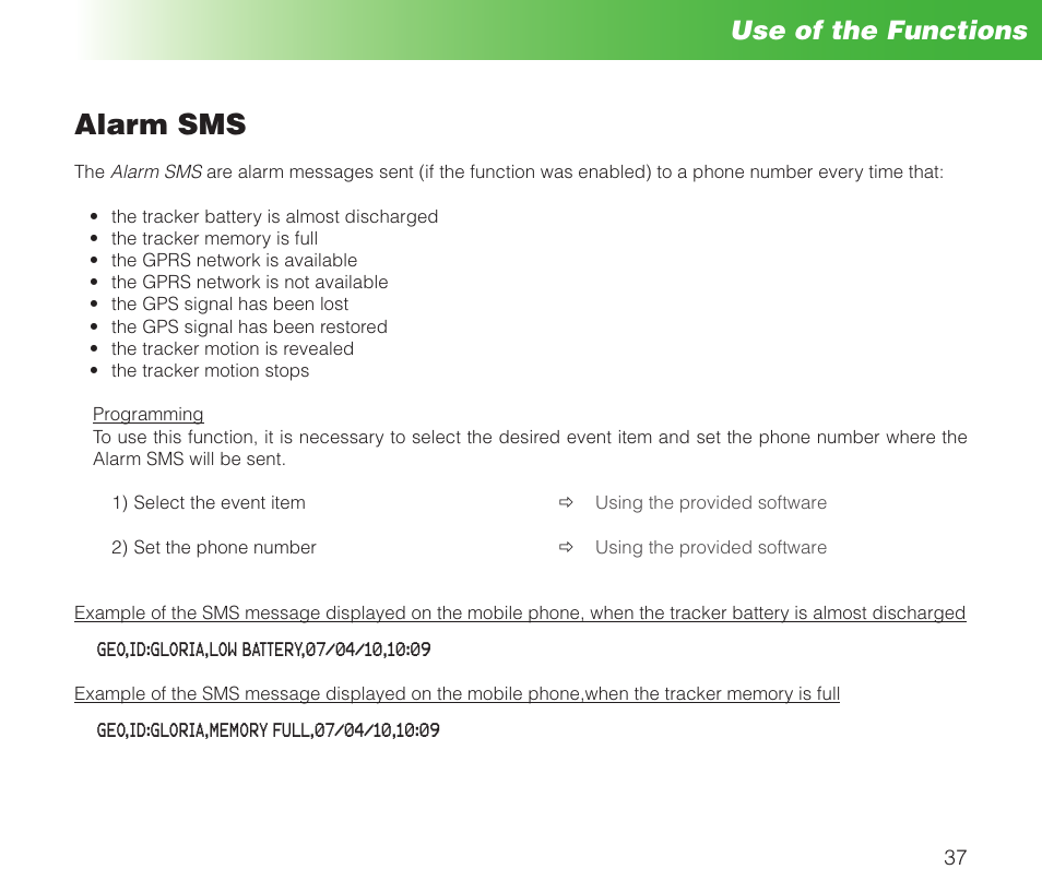Alarm sms, Use of the functions | MIDLAND Geopoint Box SMS User Manual | Page 38 / 55
