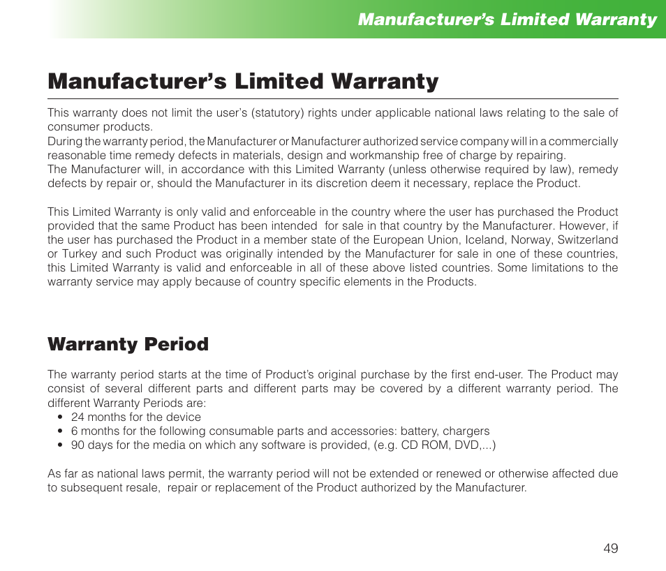 Warranty period, Manufacturer’s limited warranty | MIDLAND Geopoint Box SMS User Manual | Page 50 / 55