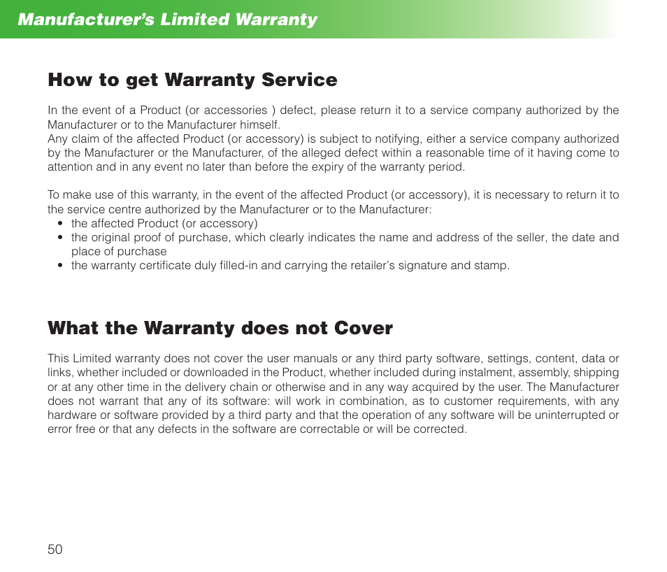 How to get warranty service, What the warranty does not cover, Manufacturer’s limited warranty | MIDLAND Geopoint Box SMS User Manual | Page 51 / 55