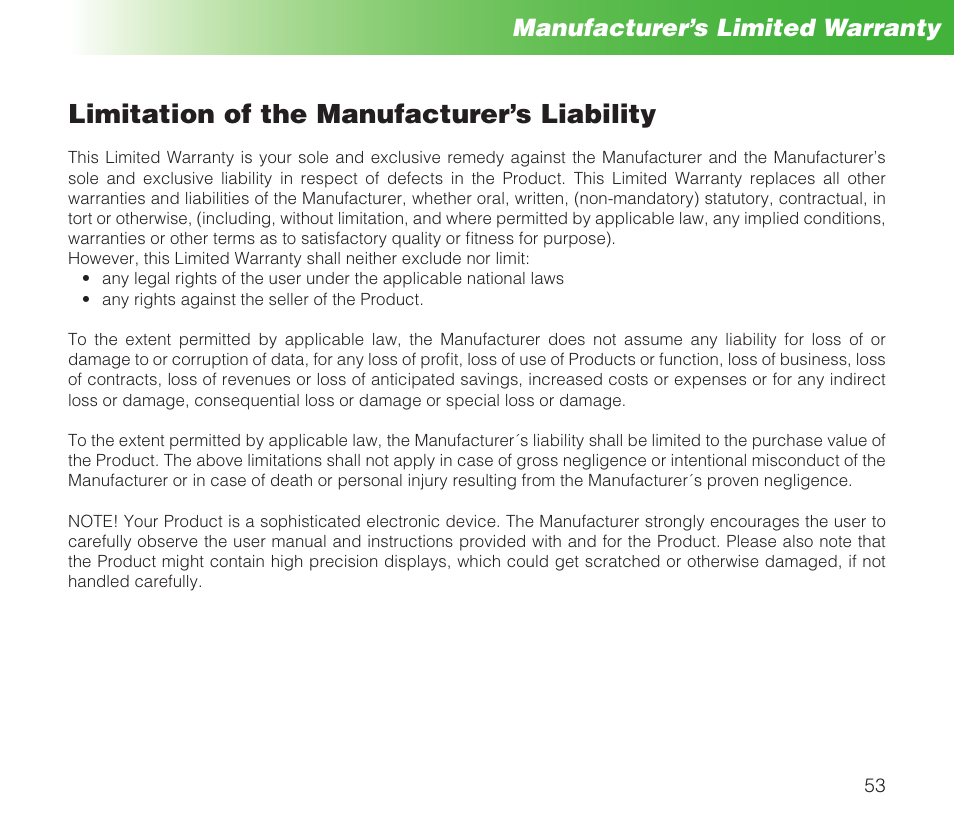 Limitation of the manufacturer’s liability, Manufacturer’s limited warranty | MIDLAND Geopoint Box SMS User Manual | Page 54 / 55