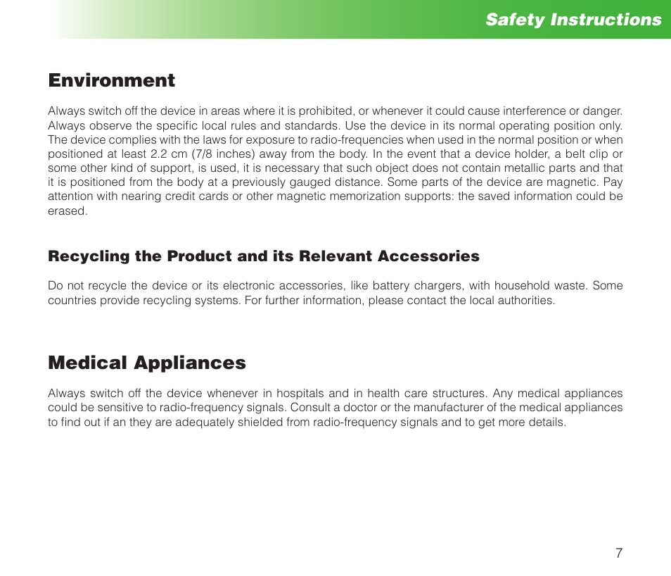 Environment, Medical appliances, Safety instructions | MIDLAND Geopoint Box SMS User Manual | Page 8 / 55