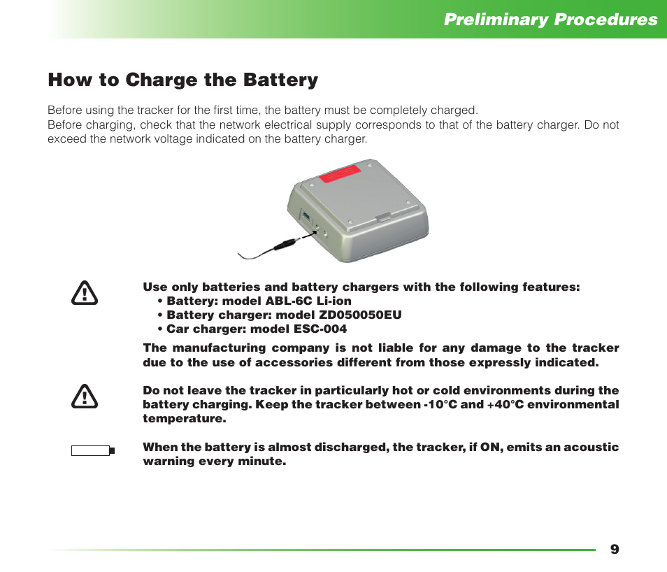 How to charge the battery, Preliminary procedures | MIDLAND Geopoint Voice LCD User Manual | Page 10 / 52