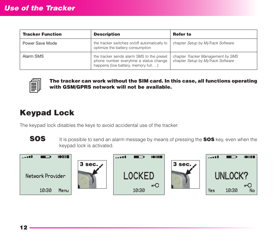 Locked, Unlock, Keypad lock | Safety instructions use of the tracker | MIDLAND Geopoint Voice LCD User Manual | Page 13 / 52