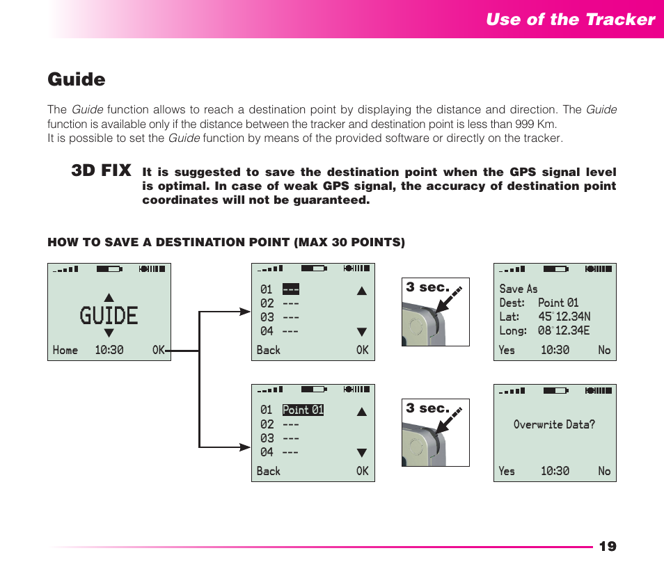 Guide, Safety instructions, Use of the tracker | 3d fix | MIDLAND Geopoint Voice LCD User Manual | Page 20 / 52