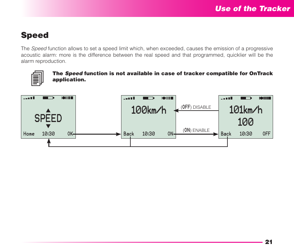 100km/h, Speed, Safety instructions | Use of the tracker | MIDLAND Geopoint Voice LCD User Manual | Page 22 / 52