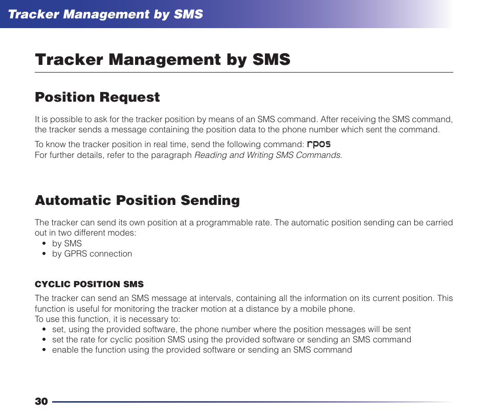 Tracker management by sms, Position request, Automatic position sending | Safety instructions tracker management by sms, Rpos | MIDLAND Geopoint Voice LCD User Manual | Page 31 / 52