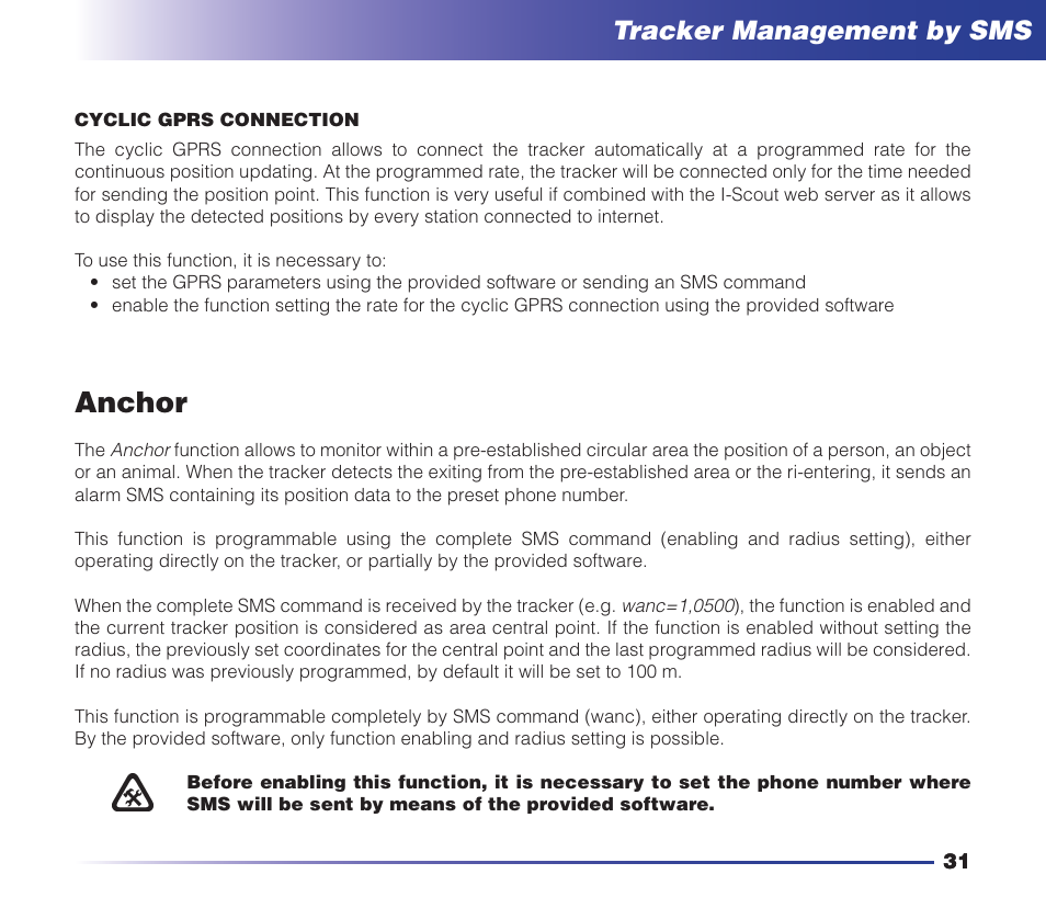 Anchor, Safety instructions, Tracker management by sms | MIDLAND Geopoint Voice LCD User Manual | Page 32 / 52