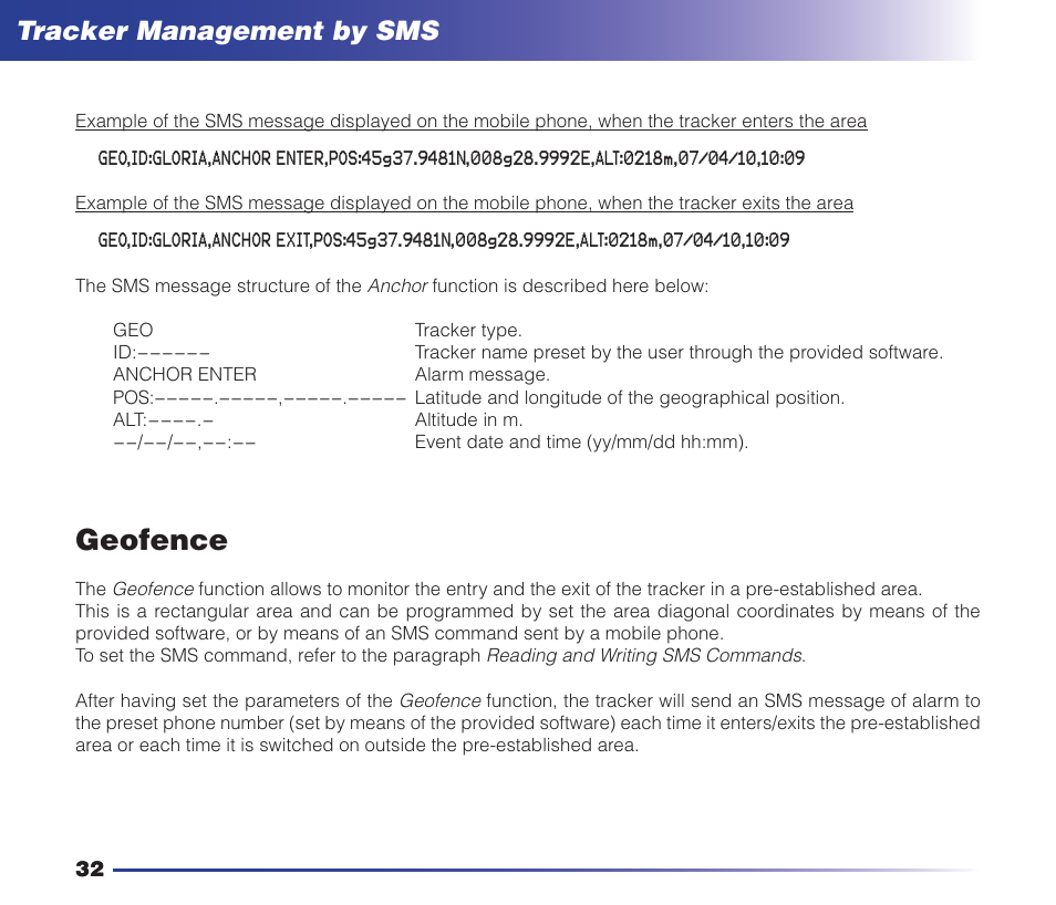 Geofence, Safety instructions tracker management by sms | MIDLAND Geopoint Voice LCD User Manual | Page 33 / 52