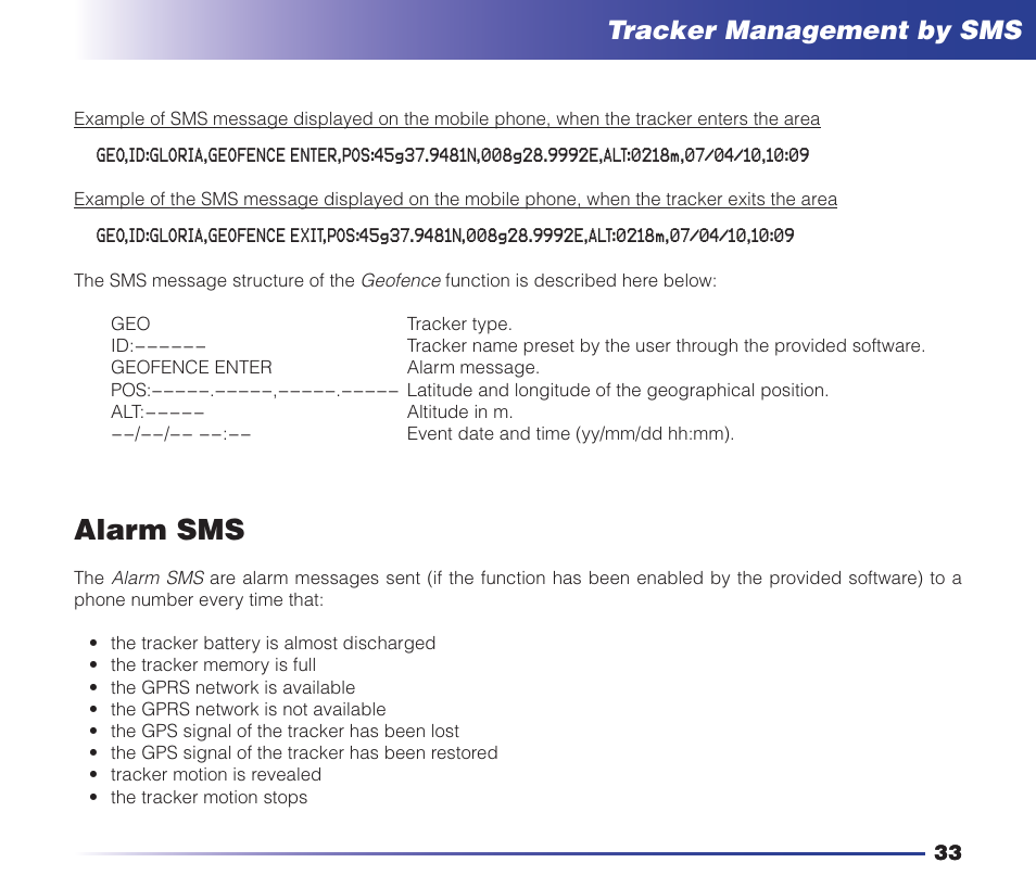 Alarm sms, Safety instructions, Tracker management by sms | MIDLAND Geopoint Voice LCD User Manual | Page 34 / 52