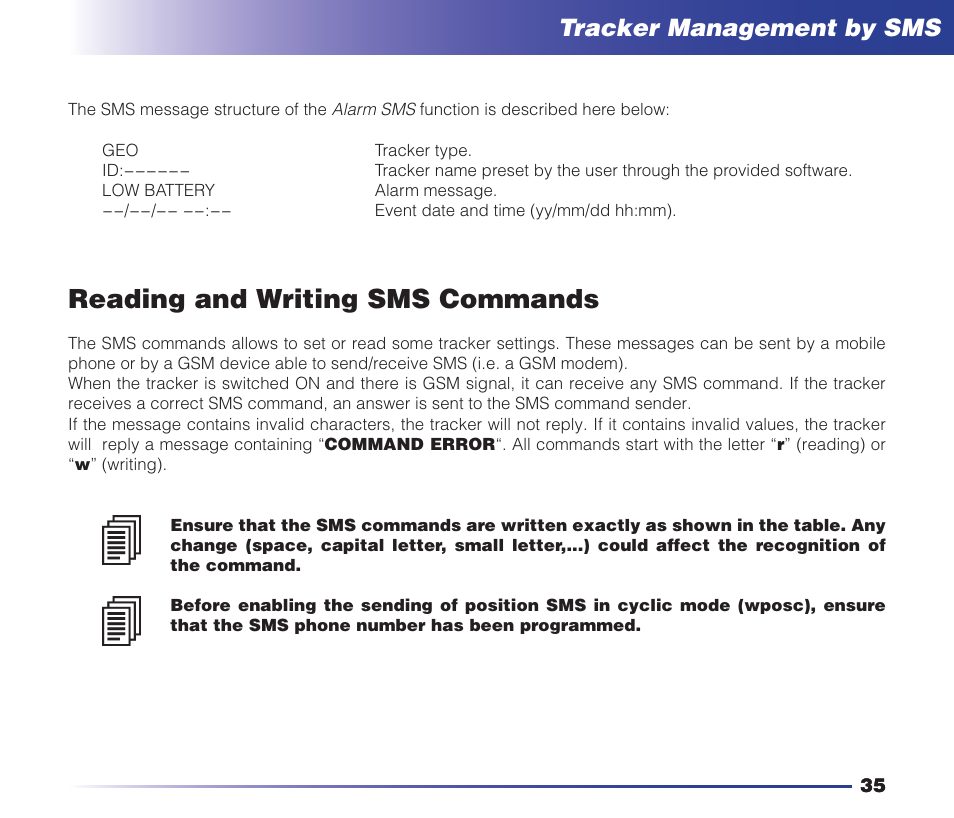 Reading and writing sms commands, Safety instructions, Tracker management by sms | MIDLAND Geopoint Voice LCD User Manual | Page 36 / 52
