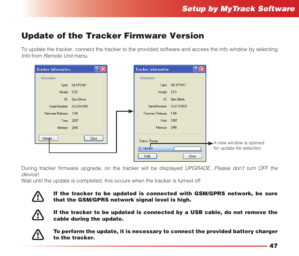 Update of the tracker firmware version, Safety instructions, Setup by mytrack software | MIDLAND Geopoint Voice LCD User Manual | Page 48 / 52