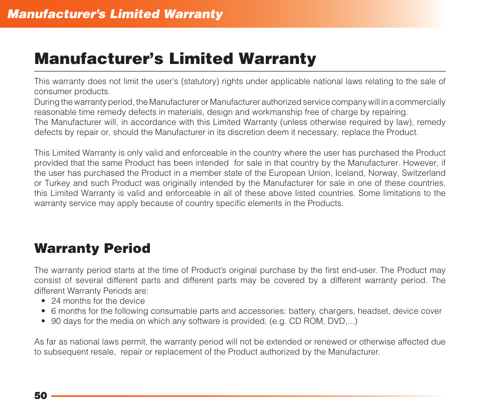 Manufacturer’s limited warranty, Warranty period | MIDLAND Geopoint Voice LCD User Manual | Page 51 / 52