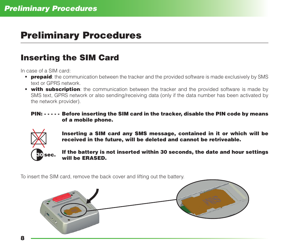 Inserting the sim card, Preliminary procedures | MIDLAND Geopoint Voice LCD User Manual | Page 9 / 52