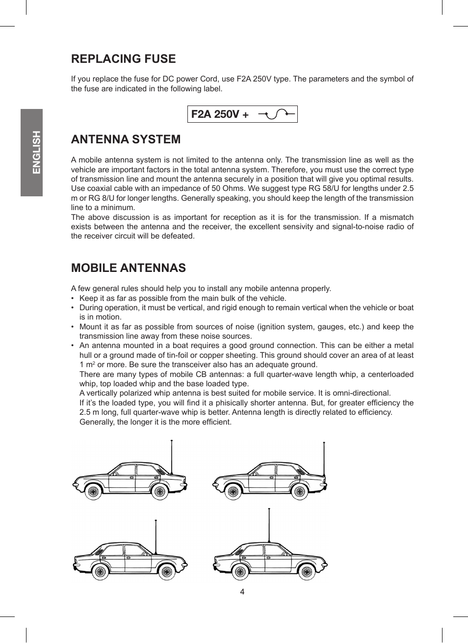 Replacing fuse, Antenna system, Mobile antennas | F2a 250v | MIDLAND 200 User Manual | Page 12 / 72