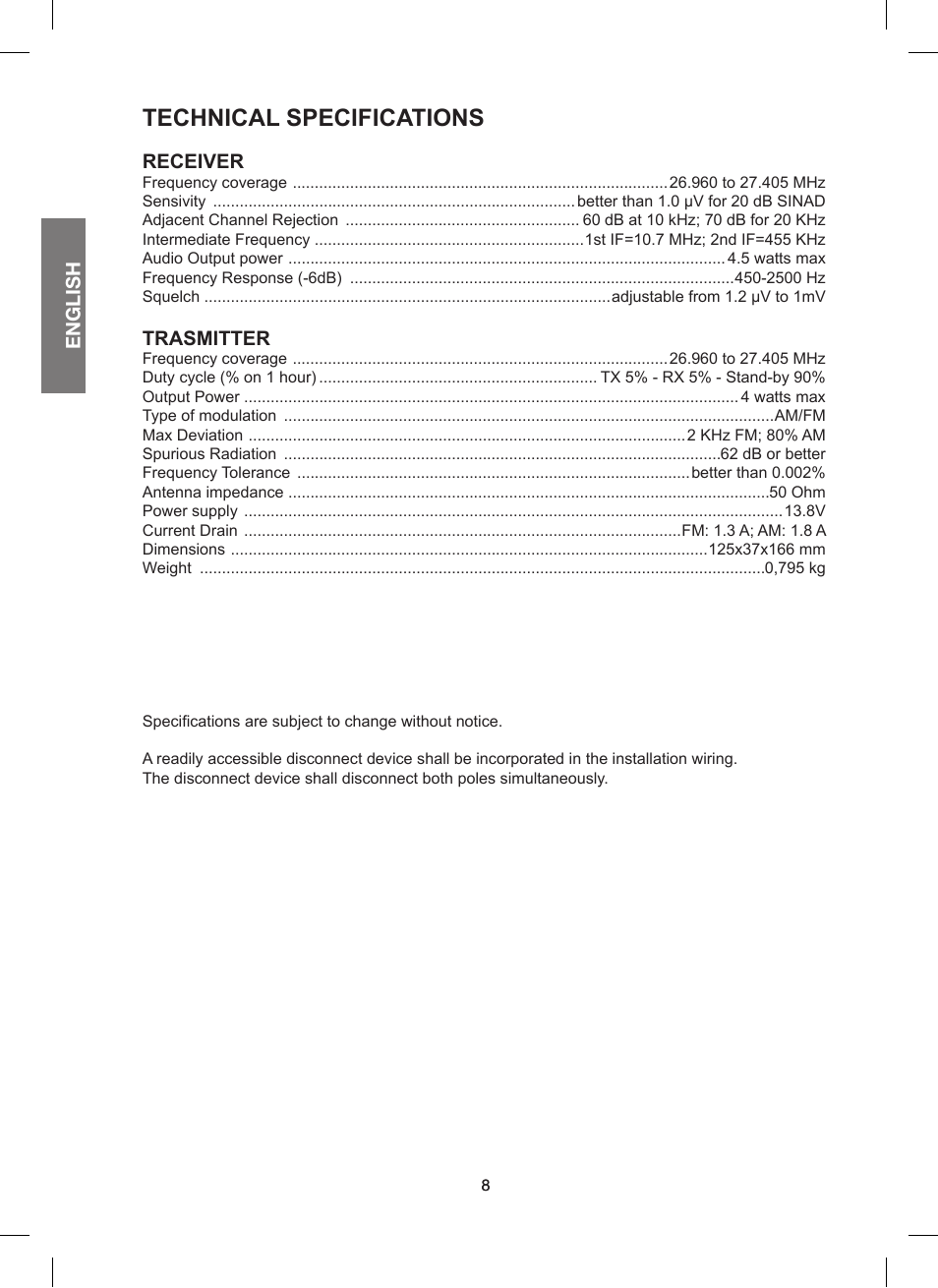 Technical specifications | MIDLAND 200 User Manual | Page 16 / 72