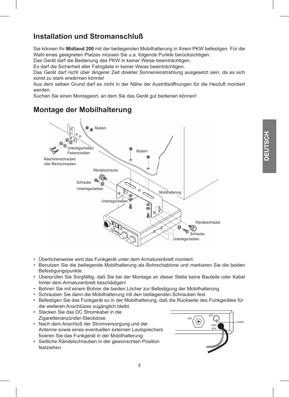 Installation und stromanschluß, Montage der mobilhalterung, Deutsch | MIDLAND 200 User Manual | Page 19 / 72