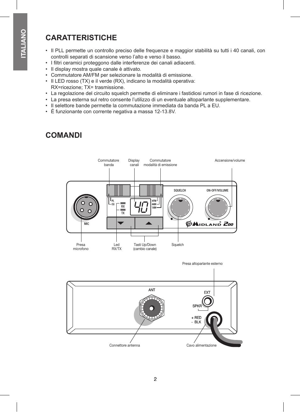 Caratteristiche, Comandi, It aliano | MIDLAND 200 User Manual | Page 2 / 72