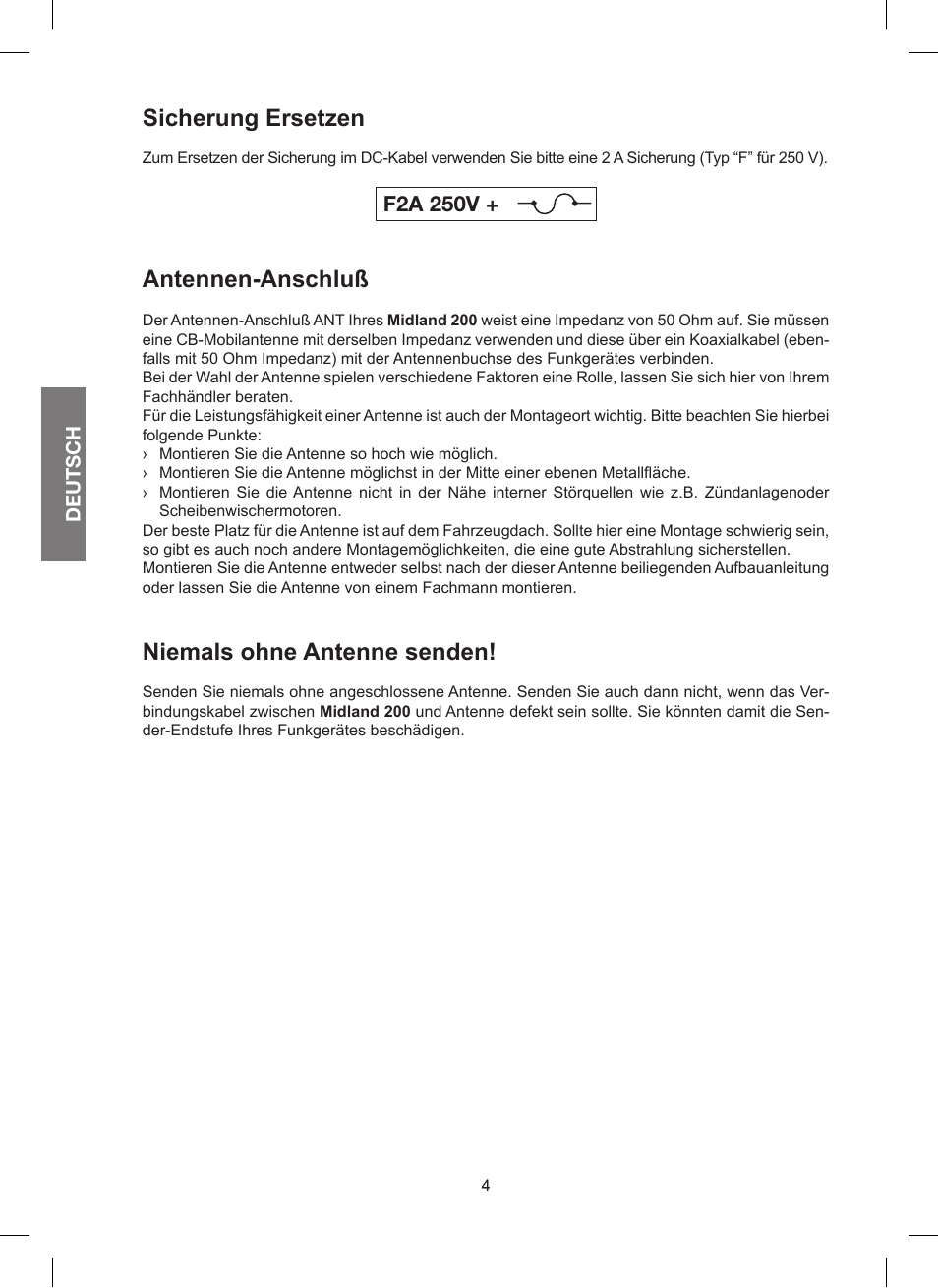 Sicherung ersetzen, Antennen-anschluß, Niemals ohne antenne senden | F2a 250v | MIDLAND 200 User Manual | Page 20 / 72