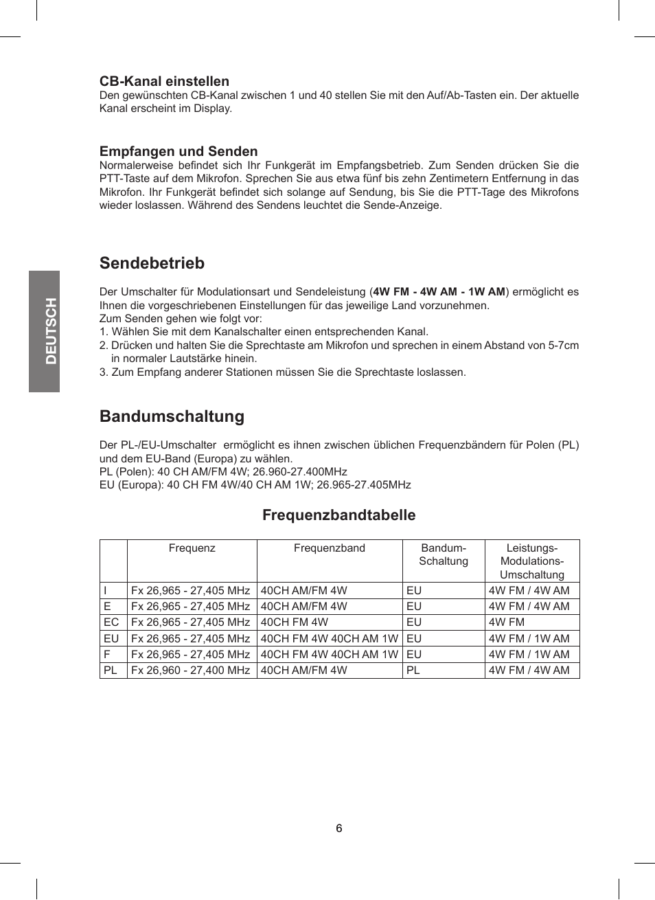 Sendebetrieb, Bandumschaltung, Frequenzbandtabelle | MIDLAND 200 User Manual | Page 22 / 72