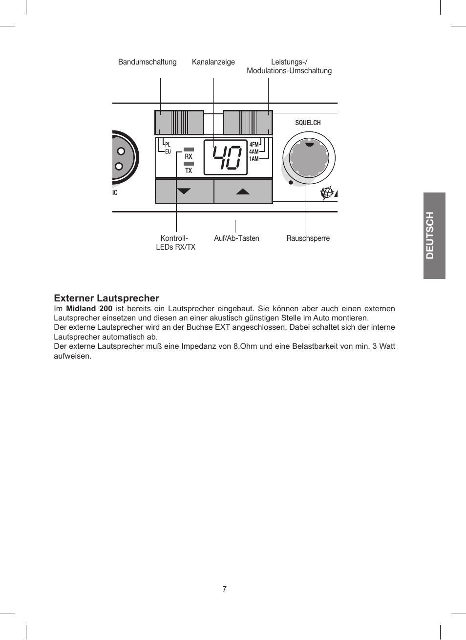 Deutsch, Externer lautsprecher | MIDLAND 200 User Manual | Page 23 / 72