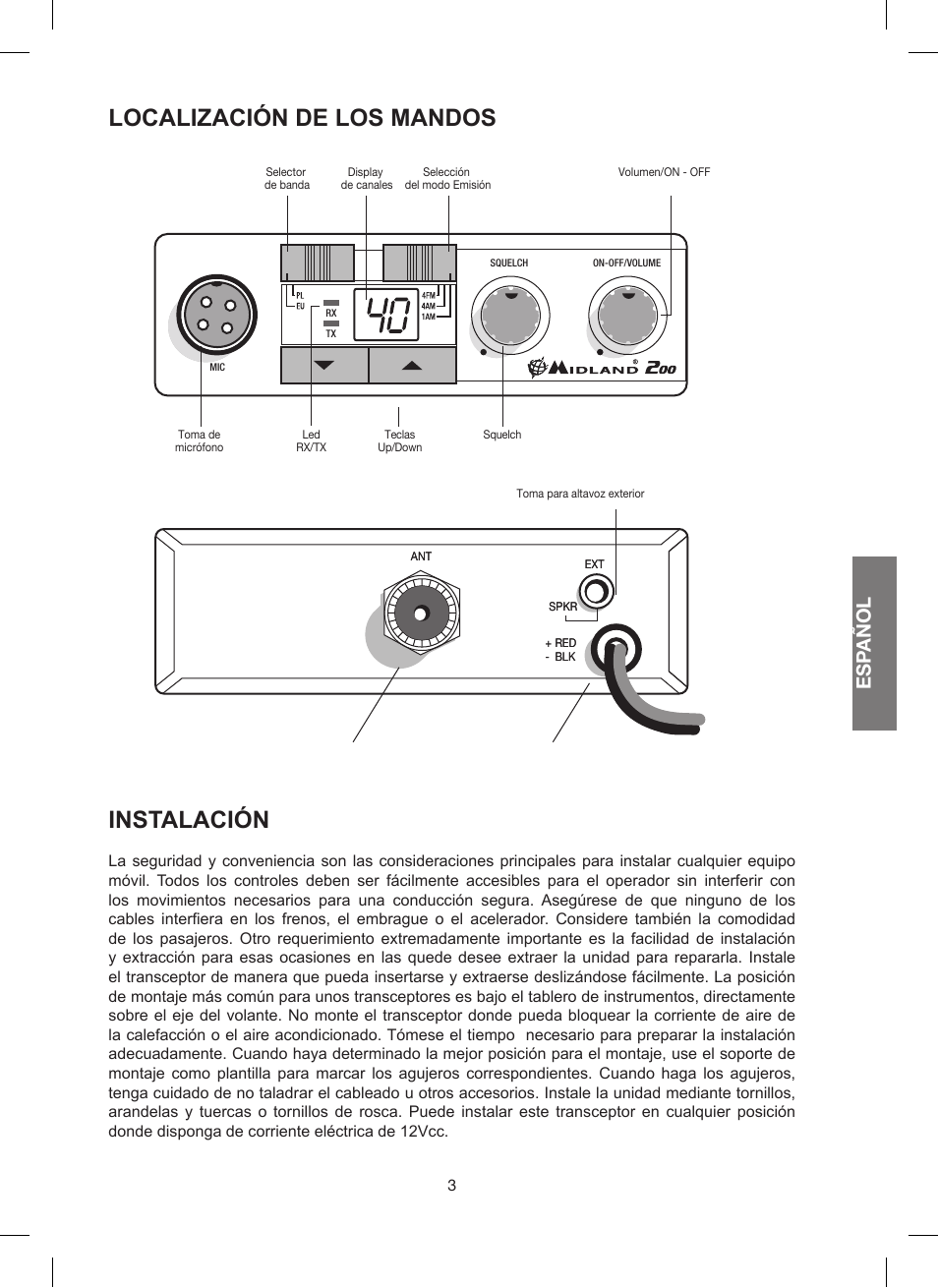 Localización de los mandos, Instalación, Esp añol | MIDLAND 200 User Manual | Page 27 / 72