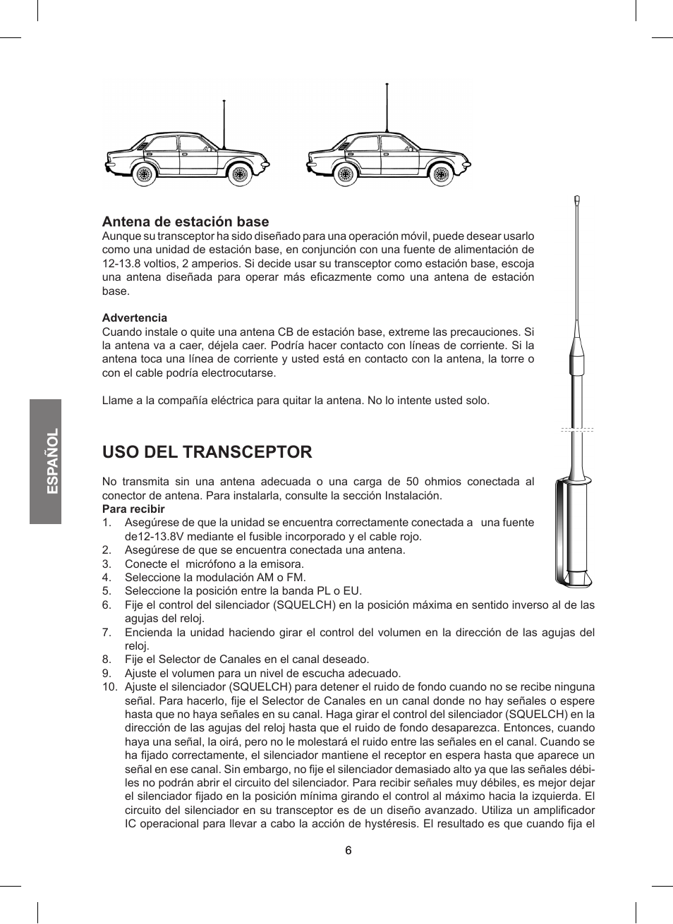 Uso del transceptor, Esp añol, Antena de estación base | MIDLAND 200 User Manual | Page 30 / 72