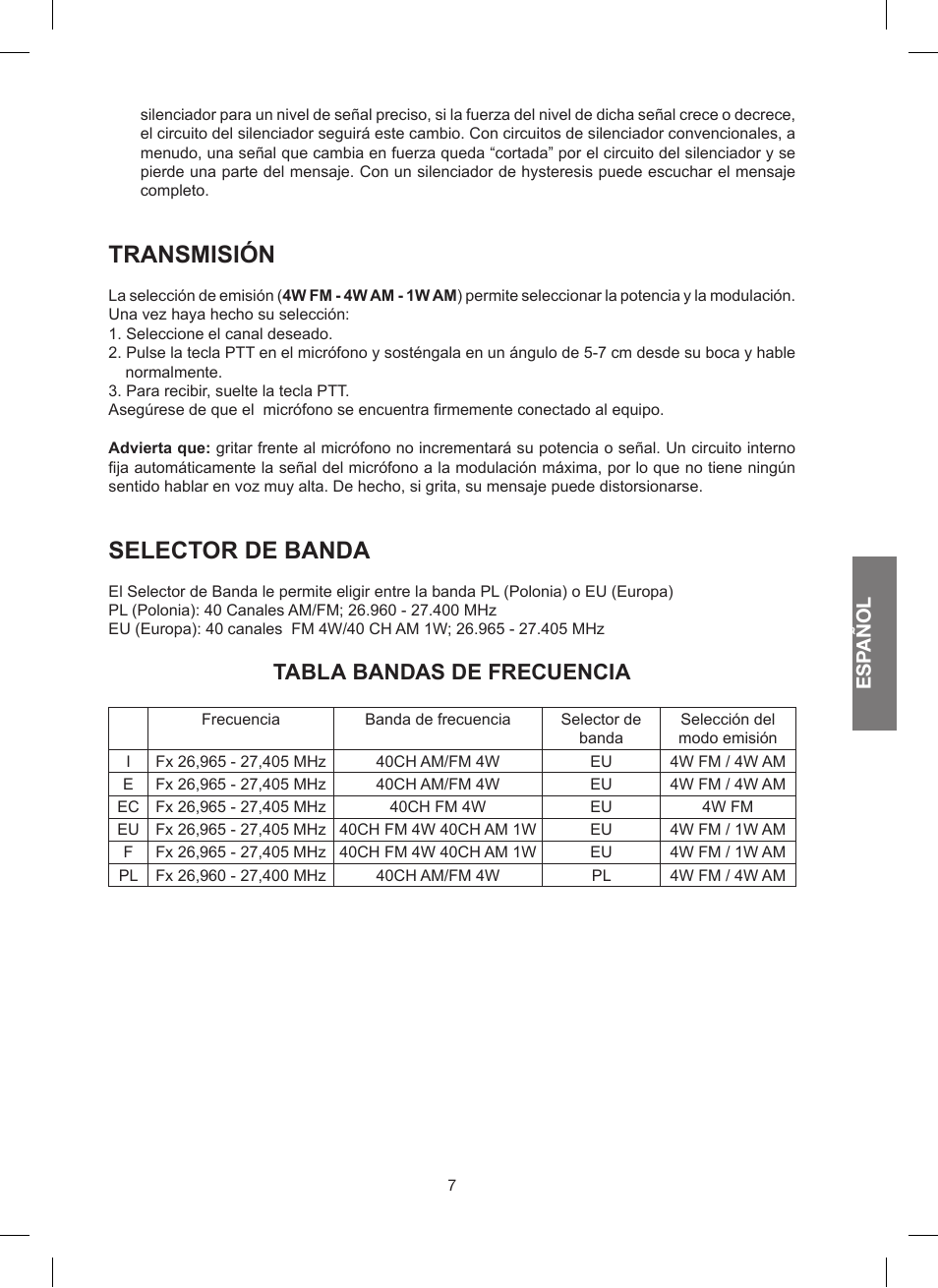 Transmisión, Selector de banda, Tabla bandas de frecuencia | Esp añol | MIDLAND 200 User Manual | Page 31 / 72